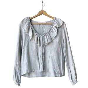 Ro's Garden Top Women’s XS Cotton Button Front Long Sleeve Ruffle Blouse Blue